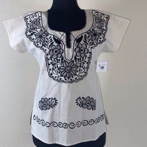 White Short Sleeve Boxy Blouse with Black Embroidery